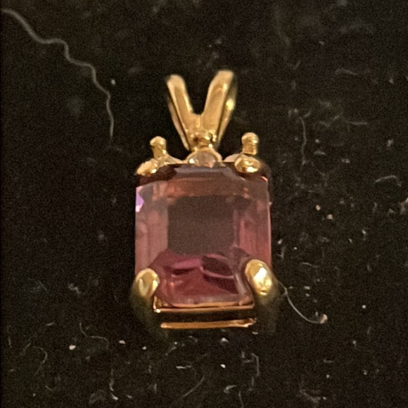 0.75” gold tone pendant with prong set amethyst color gem & 3 bezel set crystals - Picture 2 of 14